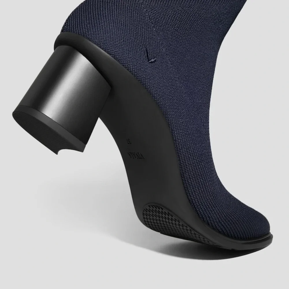 Vivaia Navy Knit Sock Boots Block Heel Women's Water Repellent Size US 6.5 EU 37